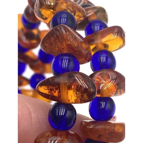 Amber Bracelet Blue Acrylic Divider Beads Memory Wire - Picture 5 of 11